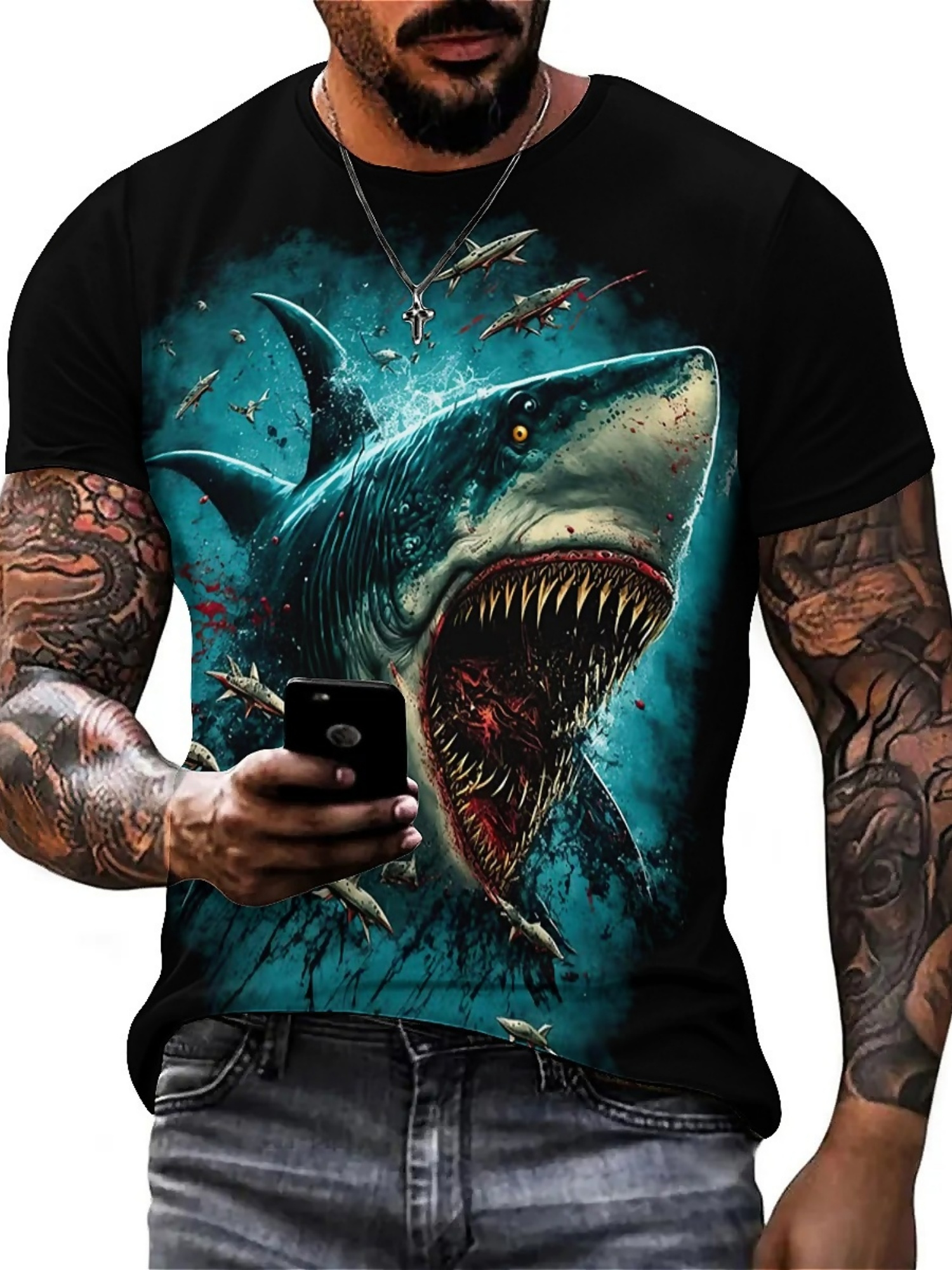 3D Printing Designing - Men's 3D Shark Print T-Shirt -