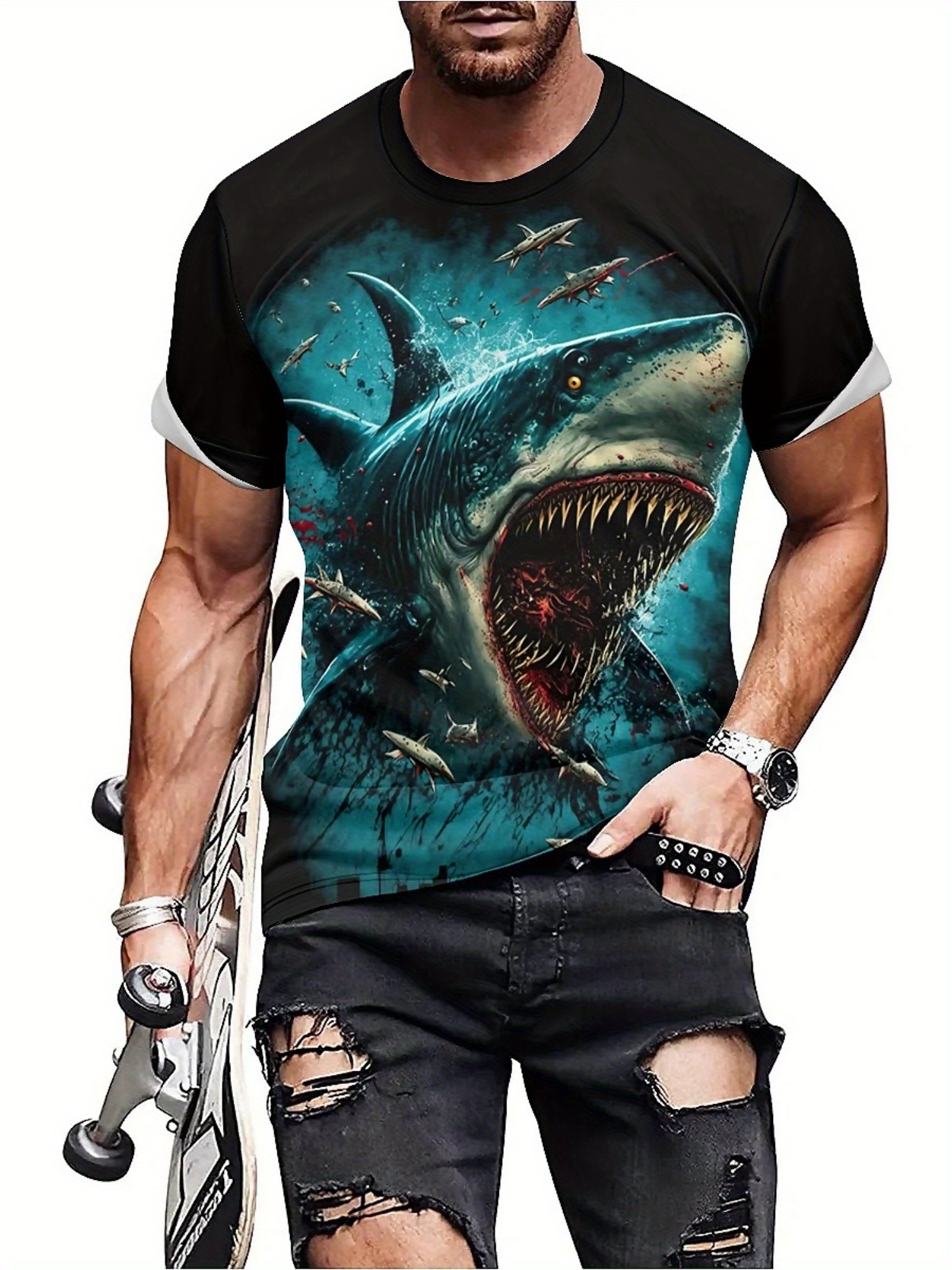 Men's 3D Shark Print T-Shirt - - 3D Printing Designing recensie en prijs